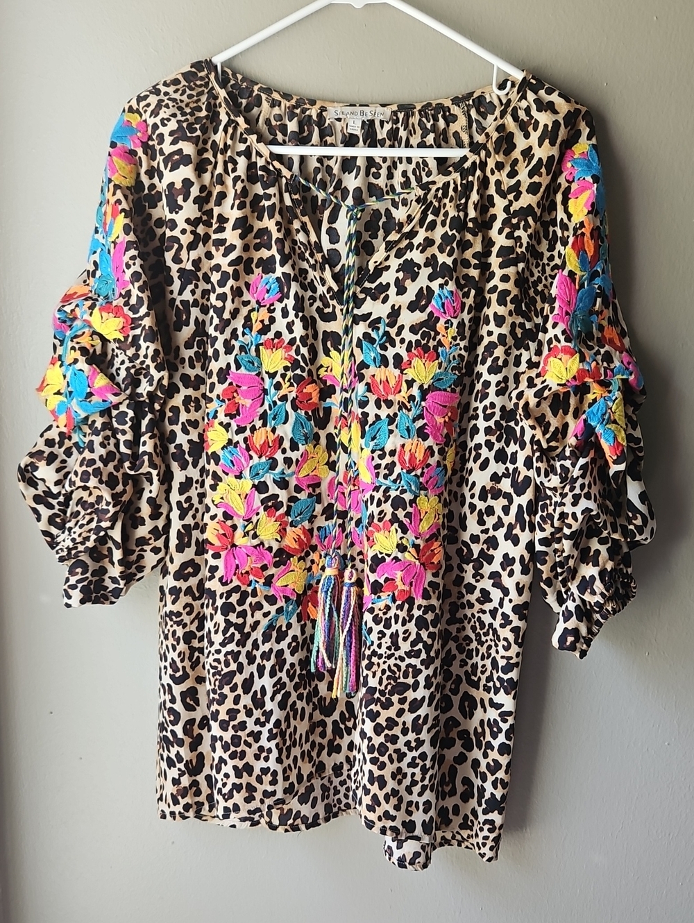 Leopard Print Embroidered Boho Tunic - Bright Floral Embroidery LARGE